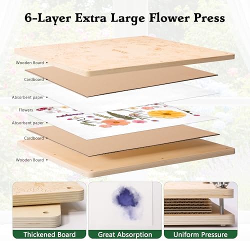 Aboofx Extra Large Flower Press Kit for Adults, 15"x 15" 6 Layers Wooden Flowers Pressing for DIY Easter Theme Pressed Flowers Art, Big Flower Preservation Kit for Frame Bookmark Resin Craft Projects