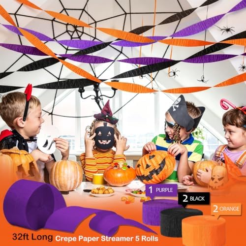 Halloween Party Decorations, Orange Black Purple Crepe Paper Streamers, Hanging Halloween Spider Web Paper Fans Lanterns Honeycomb Balls Party Décor for Home Haunted House Classroom Office Birthday