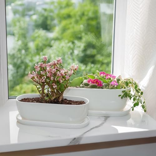 E-liu14 Inch Oval Ceramic Planter Pot with Drainage Hole Saucers