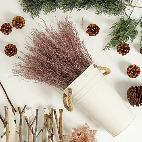 SLK 16-Pack Artificial Glitter Berry Stem Ornaments, Christmas Decorative Glittery Twigs, Picks, Branches for Tree, Wreath, Small Vase, Halloween Party (Rose Gold)
