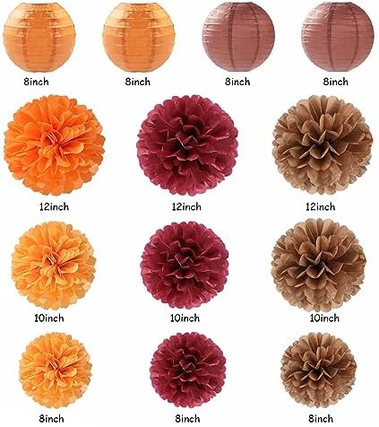 Burgundy Brown-Orange Baby-Shower Boho Party-Decorations - 20pcs Fall Autumn Paper Lanterns Fans,Tissue Pom Poms,Honeycomb Balls,Wedding Birthday Bridal Harvest Thanksgiving Festival Decor Burgleda