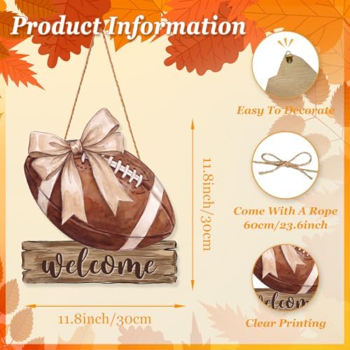 Fall Football Welcome Wreath Sign Wooden Beige Bow for Front Door