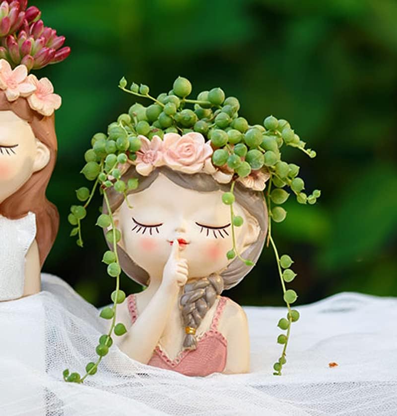 Cute Head Planter Resin Succulent Planter Little Girl Flower Pot, Human Face Cactus Plants Container Bonsai Holder
