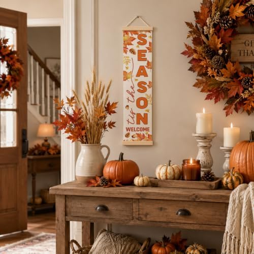 Fall Door Banner, Tis the Season Maple Leaf Canvas Sign for Front Porch