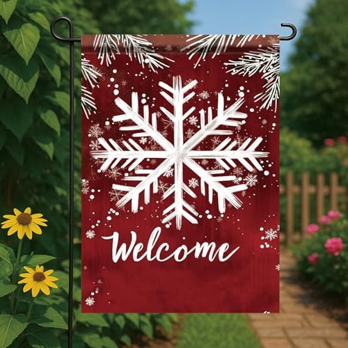 Winter Garden Flag White Snowflake Red Background Welcome Flag 12x18 Inch Double Sided Outdoor Yard Banner for Snowy Season Holiday Christmas Porch Decoration Decor