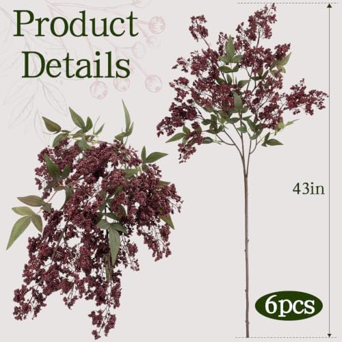 6 Pcs 43'' Artificial Nandina Berry Stems Burgundy Faux Branches Home Decor