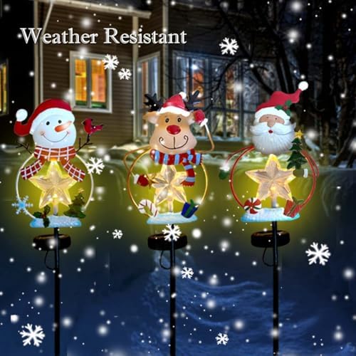 3 Pack Christmas Stake Decor, Outdoor Garden Solar Light Metal Snowman/Santa Claus/Reindeer Yard Stakes with LED Lights Waterproof for Home Lawn Pathway Christmas Holiday Winter Decoration