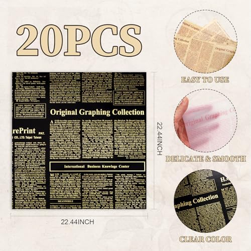 LeZakaa 20 Sheets Newsprint Flower Wrapping Paper, Waterproof Floral Bouquet Paper, White & Gold Newsprint Design for Valentine's Day, Mother's Day, Birthday Party, Bridal Shower, Wedding, Baby Shower