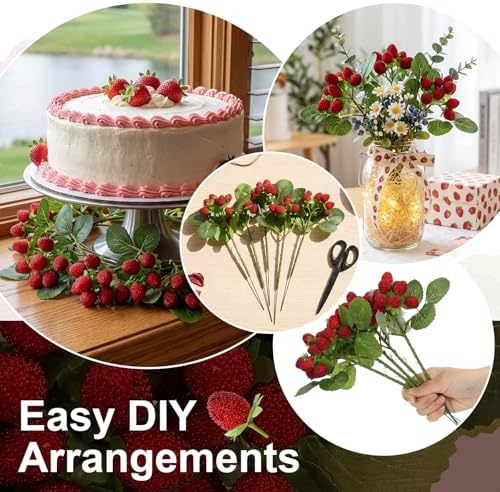 Hoteam 10 Pcs Artificial Raspberries Stems 11 Inch with Leaves, Red