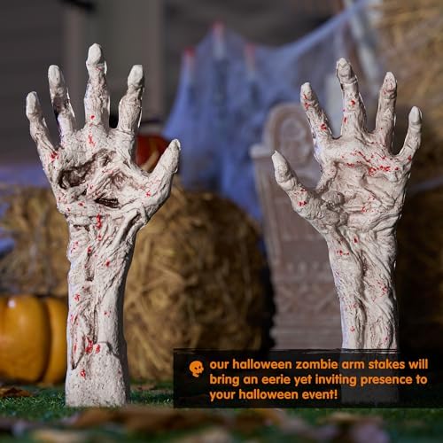 JOYIN Bloodstain Zombie Arm Stake Groundbreaker Halloween Outdoor Decoration Realistic Looking Fake Arm Hands Yard Stakes for Halloween Haunted House Yard Decoration
