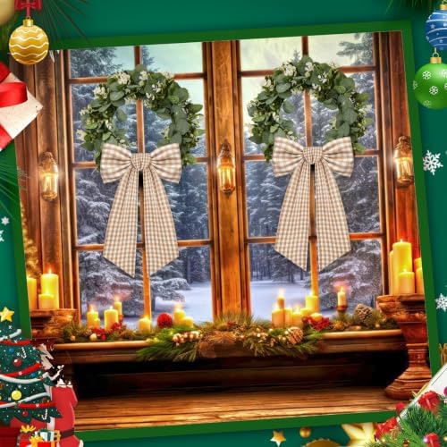 2 Pack Wreath Sash for Front Door Boxwood Wreath Sash Garland Front Door Porch Decor(White and Beige Plaid)