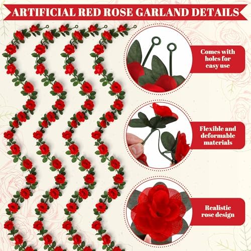 4Pack 31.6FT Red Rose Artificial Flowers Garlands for Wedding Arch Decor