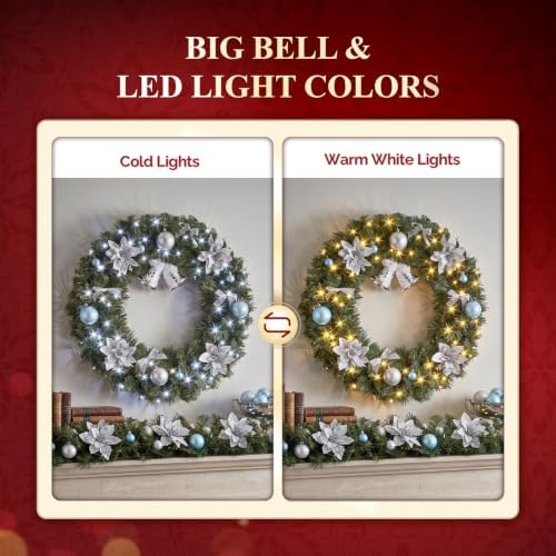 VINGLI 24 Inch Pre Lit Christmas Wreath with 50 LED Light, Battery Operated
