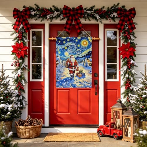 Christmas House Flag Santa Claus Winter Village Xmas Garden Flag Snowy Merry Christmas Night Starry Sky Van Gogh Yard Banner Double Sided for Farmhouse Seasonal Porch Decor 28 x 40 Inch