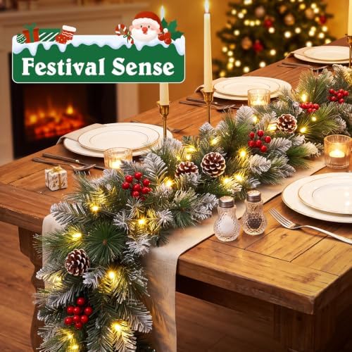 Christmas Garland,Christmas Garland with Lights, Christmas Decoration,9FT/2.7M, for Mantle, Home, Stairs, Fireplace, Porch, Door,Indoor/Outdoor (Green)