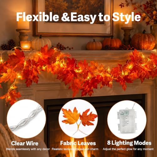 Fall Maple Leaf String Lights, 14.7 ft, 30 LED, Battery-Powered
