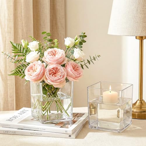 Kingrol 12 Pack 4 Inch Square Clear Acrylic Vases, Shatter-Resistant PET Plastic Centerpiece Vases for Weddings, Events, Table Decor