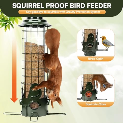 Squirrel Proof Bird Feeder, 3LB Metal Wild Bird Feeders with Weight Activated Perch, Durable Mesh Hanging Feeder for Finch, Cardinal, Chickadee & Small Birds Outdoor