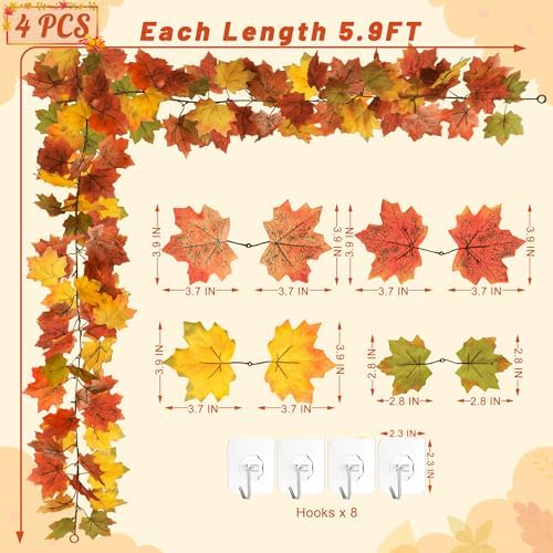 4Pack 23.6FT Fall Autumn Leave Garland for Thanksgiving Wedding Party Decor