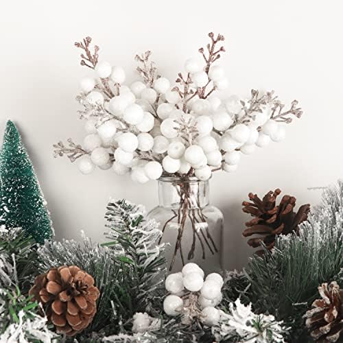 24 Pack Glitter White Berry Stems,7.5 Inch Christmas Sparking Red Faux Winter Berry Sprigs,Artificial Red Berries Branches for Christmas Tree Garland Wreath Crafts Season Winter Home Decor