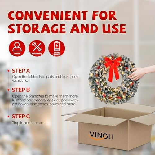 VINGLI 24" Battery Operated Pre Lit Christmas Wreath with 50 LED Lights