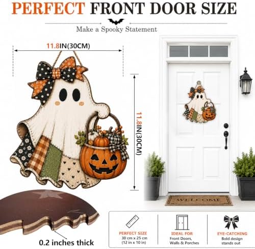 Cute Bow Ghost Door Sign Wooden Halloween Door Hanger Pumpkin Porch Decor