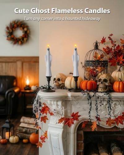 Homemory 6 Pcs Real Wax Ghost Flameless Taper Candles, 3D Wick Flickering Led Candlesticks 9.6 Inch Battery Operated with Remote & Timer, Spooky Halloween Gothic Indoor Decor