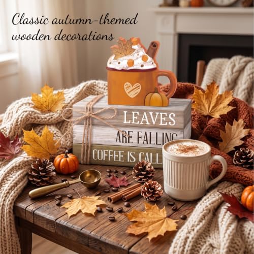 4 Pcs Fall Coffee Table Decorations Fall Tiered Tray Decor Thanksgiving Centerpiece Rustic Wooden Hot Cocoa Cup Maple Leaves Pumpkin Sign for Autumn Harvest Party Coffee Bar Kitchen Home