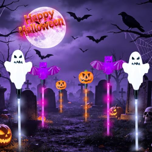6 Pack Halloween Solar Yard Lights, Pumpkin Ghost Bat Outdoor Stakes