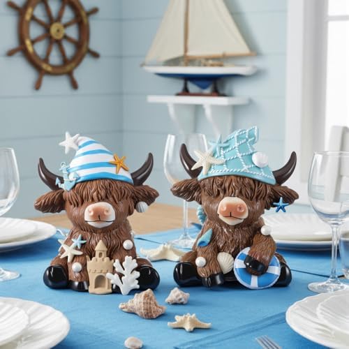 Karenhi 2 Pcs Beach Highland Cow Figurines, Ocean Resin Statues
