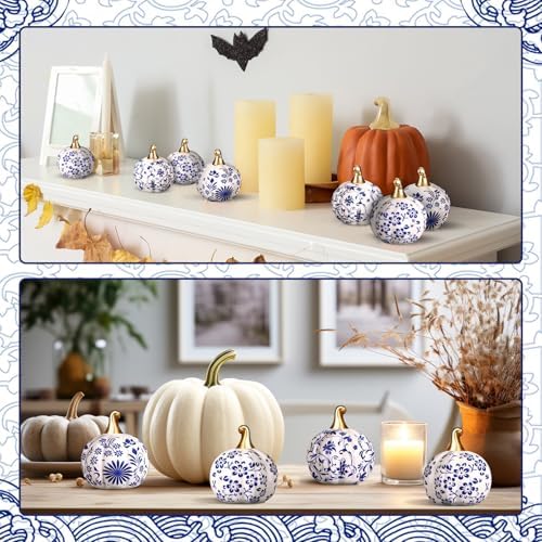 DoubleFill 6 Pcs Blue and White Ceramic Pumpkins Classic Fall Table Decor