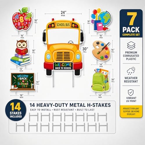 Rngmsi Back to School Yard Sign, 7PCS Back to School Garden Yard Signs Decorations with Stake, School Bus Shaped First Day of Classroom Decor for Lawn Garden Outdoor Supplies