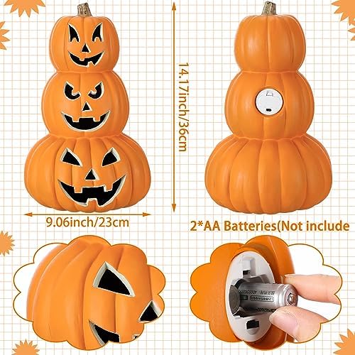 3 Tier 14" Halloween Stacked Pumpkin Decor, Jack O Lantern with LED Lights