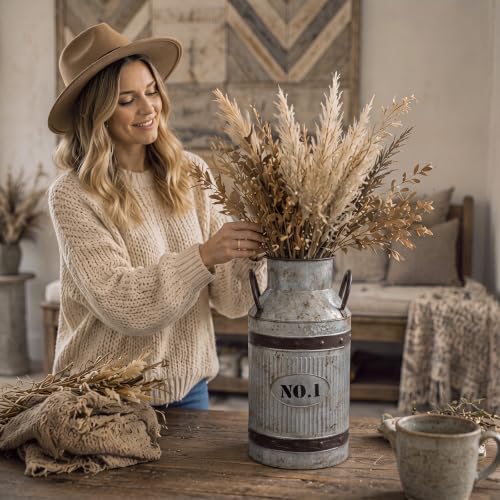 1 Pcs 15.2'' Large Rustic Galvanized Metal Milk Can Vase with Handle