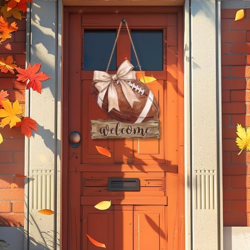 Fall Football Welcome Wreath Sign Wooden Beige Bow for Front Door