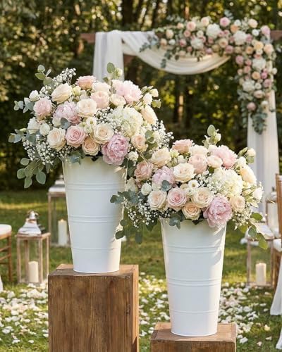 12 Inch Galvanized Metal Vase, 6 Pack Tall Flower Buckets with Handles