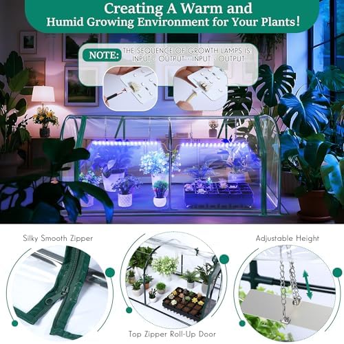 Meonum Mini Greenhouse with Grow Light, 51.18 "L x 25.59" W x 21.65" H Portable Greenhouses Waterproof UV-Resistant for Indoor/Outdoor Seed Starting(Dome Shape)