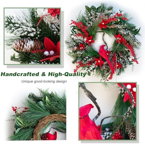 Christmas Wreath with Lights, Soomeir 24 Inch Lighted Christmas Wreaths for Front Door with Pine Needles and Berries, Large Prelit Wreath for Holiday Winter Window Outdoor Indoor Xmas