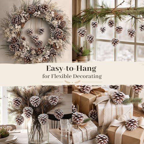 JOHOUSE 24 PCS Snow, Dusted Natural Pine Cones with Gold String, 2-2.5in