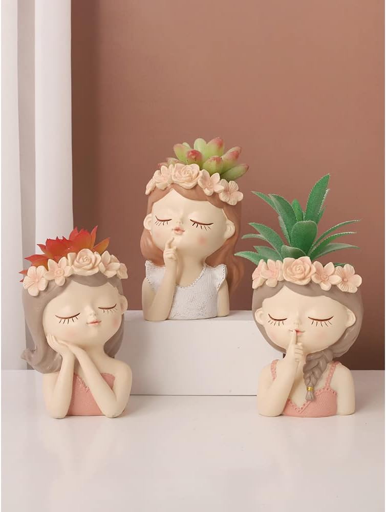 Small Fairy Head Planter, 3 Pack Succulent Pots, 4 Inches Girl Face Flower Pot Cute Resin Cactus Planters with Drainage