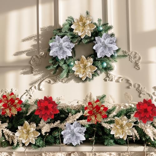 48 Pcs Christmas Poinsettia Artificial Flowers with Clips 5.5" Christmas Tree Wreaths Garland Decoration Glitter Flowers Picks Decor with Stems for DIY Xmas Wreath New Year Holiday Home Party Decor