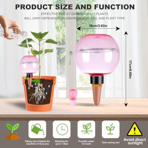4 Pack Self Watering Globes 17oz Large Plant Watering Globes Top Fill, Self Water Planter Insert Indoor/Outdoor Plastic Water Bulbs Slow Release Terracotta for Plants, Pink