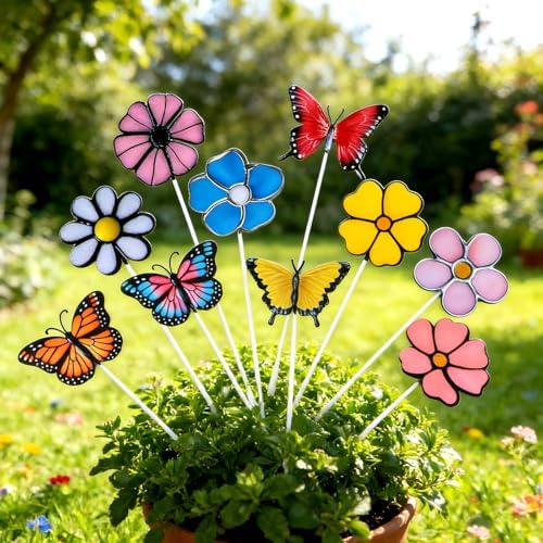 10 Pcs Metal Flower Garden Stake for Outside Outdoor 11.8" 5D Summer Flowers Butterfly Metal Sign Waterproof Decoration Landscape Ornament for Lawn Yard Garden Patio Porch Art