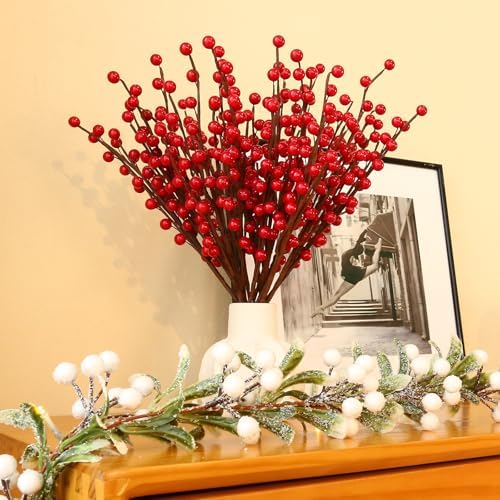Breeze Touch 10 Pack Artificial Red Berry Stems,12.5inches Red Berry Picks Faux Holly Berry Branches for Christmas Tree Decorations, Holiday Home Decor and Wedding DIY Crafts