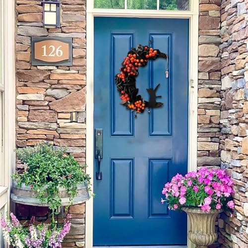 Orange Halloween Wreath with Lights, Crescent Moon Cat Door Wreath