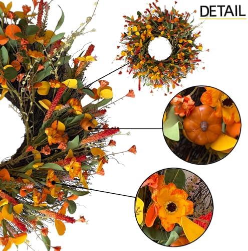 HipTree 24 Inch Fall Wreath for Front Door, Autumn Wreath with Mini Pumpkin