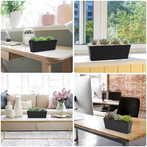 GREANER Rectangle Window Boxes, 6PCS 16x3.8 Inch Black Herb Planters with RemovableTray and Drainage Hole, Succulent Flowers Plastic Pot for Balcony, Office, Windowsill, Garden, Outdoor Decoration Use