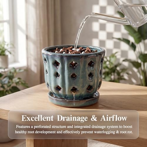 6 Inch Ceramic Orchid Pot with Holes, Ocean Blue