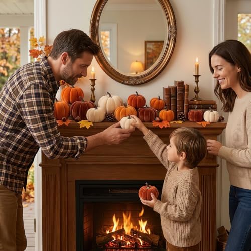 30 Pcs Velvet Fall Pumpkins Set with Leaves, Acorns & Pine Cones
