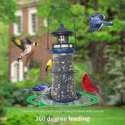 14" Solar Bird Feeder Lighthouse with Rotating Beacon for Outdoors Hanging,Lighthouse Gifts for Bird Lover (Blue).
